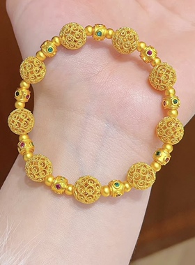 新中式沙金珐琅彩花丝绣球转运珠手链镂空圆珠手串国风送女友礼物