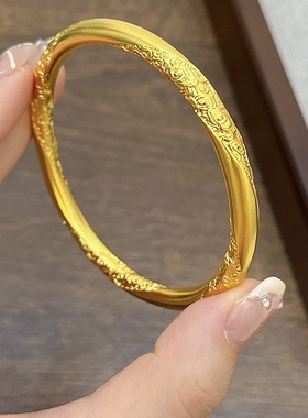 金店同款沙金古法祥云纹纳福传承手镯女斜卷草纹闭口手环新中式礼