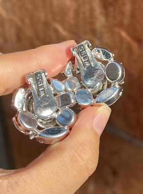 vintage 中古weiss 白色莱茵石耳夹 爆闪高珠感 不退不换