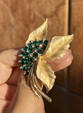 中古vintage 翠法丽 trifari 飞叶祖母绿经典百搭款胸针