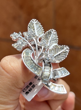 vintage 中古pennino 密镶条状莱茵石银色叶子胸针 高级优雅