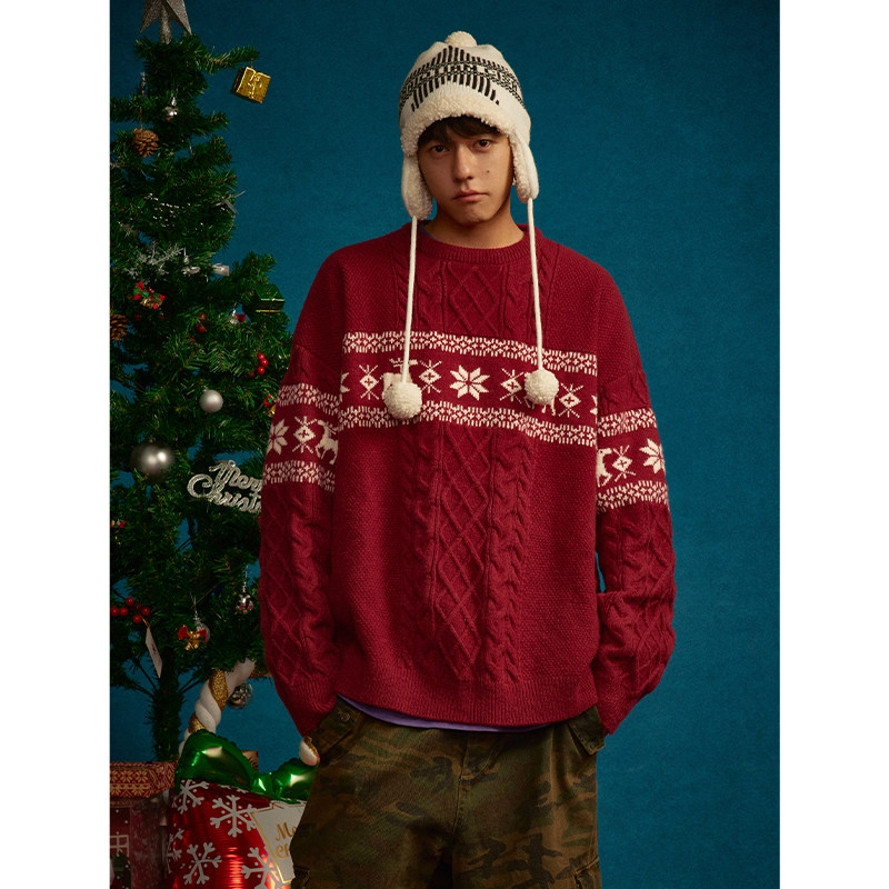 江南先生NewJNXS美式复古红色新年毛衣男女春秋款宽松针织衫外套,淘宝优惠券,粉丝福利购,淘宝优惠卷