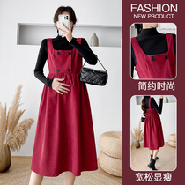 Pregnant Woman Lian Dress New Fashion Autumn Winter Net Red Gestation Woman Dress Big Code Temperament Suit Han Edition Net Red Braces Skirt