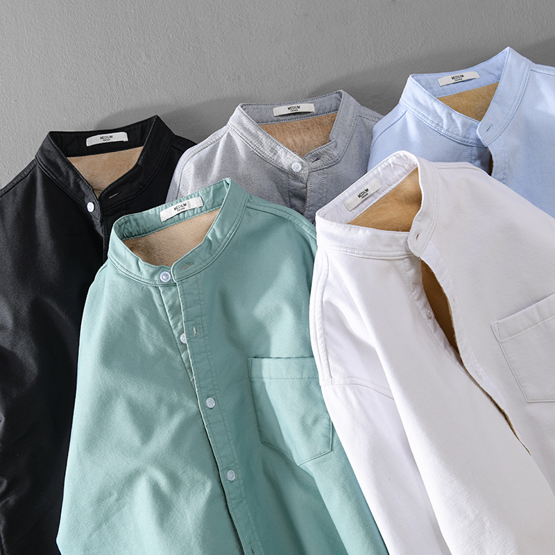 冬季男装加绒加厚长袖衬衫无领休闲纯棉牛津纺衬衣圆领保暖上衣服 - 图2