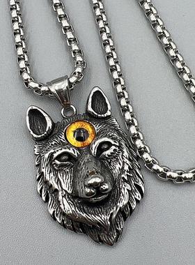 复古男钛钢狼吊坠项链百搭朋克