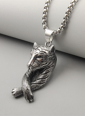 复古男钛钢老虎吊坠项链百搭朋克