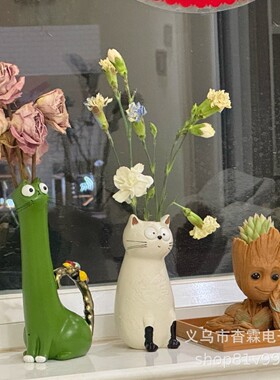跨境新品 Quirky Cat Vase 精致的古怪小猫花瓶家居桌面树脂摆件