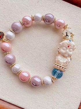 抖音香灰琉璃绿度母手串白灰瓷珠子配浅粉色水晶刻字送闺蜜礼物女