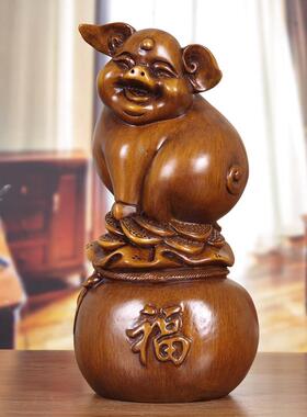 福猪摆件实木雕刻新中式招财猪装饰品家居客厅办公室开业生日礼品