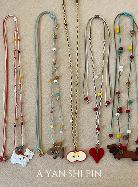 萌趣可爱苹果爱心腊肠狗项链女小众独特设计感彩色编绳长款锁骨链