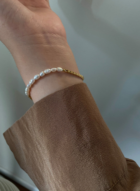 天然淡水珍珠钛钢链条不对称手链