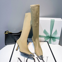 Uncle Jian metal square head fine with long cylinder boots female sensation hot girl high heel though kneecap elastic skinny boots
