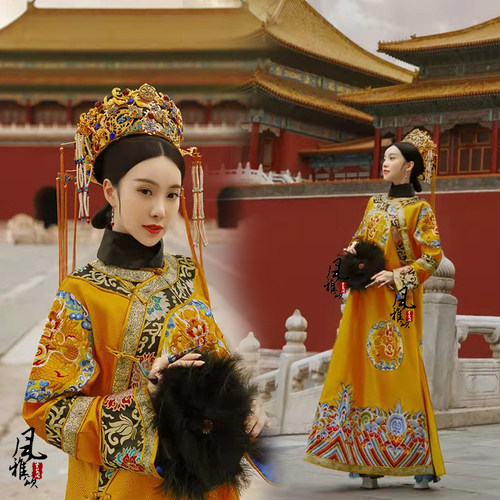 清朝吉服贵妃皇后正装故宫拍摄写真服满族清装旗服古董衣刺绣大气 - 图3