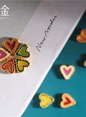 恋金 足金珐琅烧蓝爱心型隔珠配饰糖果色宫廷手工古法黄金diy配件