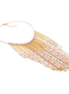 欧美时尚仿珍珠流苏金属链条项链