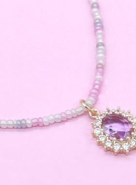 原创不掉色成人儿童亲子项链米珠儿童项链浅紫色椭圆宝石水晶项链