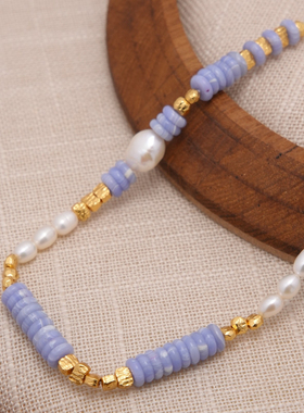 小众设计蓝纹玛瑙金粒珍珠项链