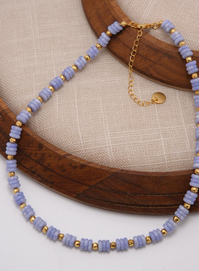 小众设计蓝纹玛瑙金粒珍珠项链