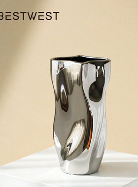 博西家居 创意电镀银色陶瓷花瓶摆件 家居客厅餐桌轻奢软装花器