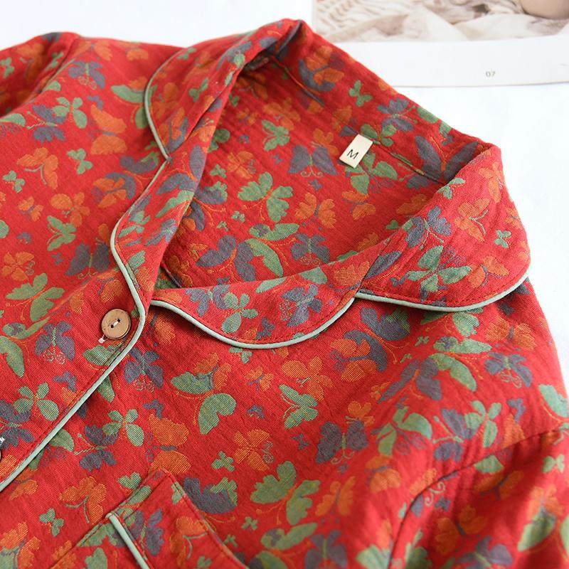 新款纯棉双层纱布睡衣女春秋复古风色织提花全棉长袖本命红家居服,淘宝优惠券,粉丝福利购,淘宝优惠卷