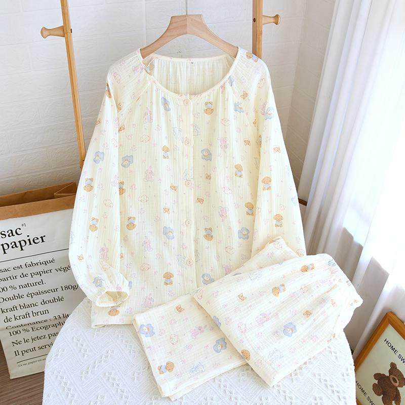 新款纯棉双层纱布睡衣女春秋夏季可爱卡通长袖开衫全棉家居服套装,淘宝优惠券,粉丝福利购,淘宝优惠卷