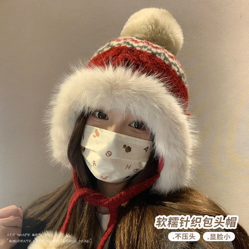 费尔岛红色雷锋帽女冬东北骑行防寒保暖红色加厚护耳针织毛线帽子,淘宝优惠券,粉丝福利购,淘宝优惠卷