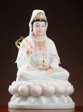 汉白玉坐莲南海观音菩萨佛像摆件