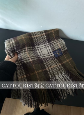 CAT TOURIST 显白复古军绿色格子围巾男女秋冬保暖韩版大披肩围脖