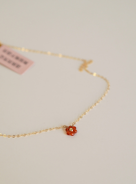 「花与爱丽丝」天然红玛瑙小花项链女小众14k包金锁骨链圣诞礼物