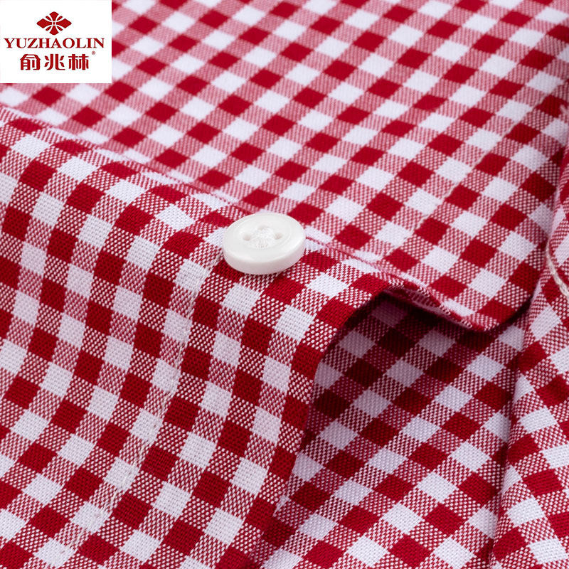 俞兆林短袖夏休闲纯棉红色格子衬衫 宜冉服饰衬衫