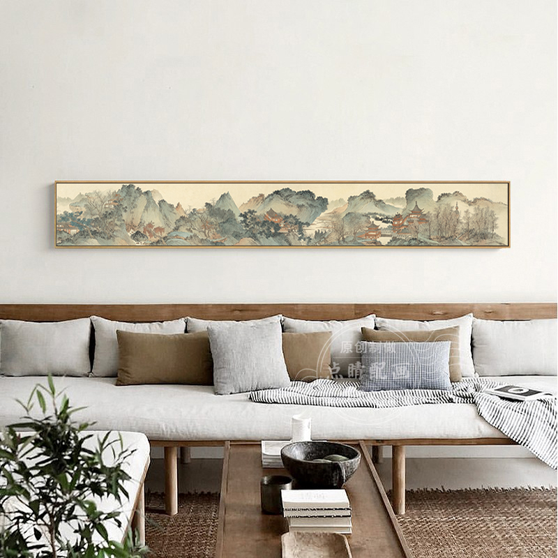 新中式客厅装饰画沙发背景墙字画窄长条横幅国画茶室禅意山水挂画_虎窝淘