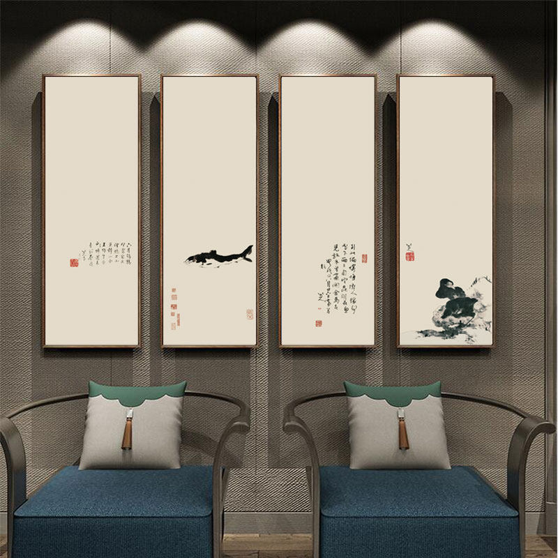 八大山人茶室禅意装饰画新中式客厅背景书房壁画水墨餐厅四联挂画_虎窝淘