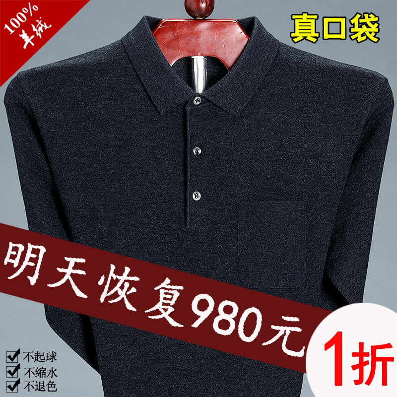 鄂尔多斯市男士长袖T恤2024新款秋季羊绒衫男100纯羊绒t恤翻领 - 图0