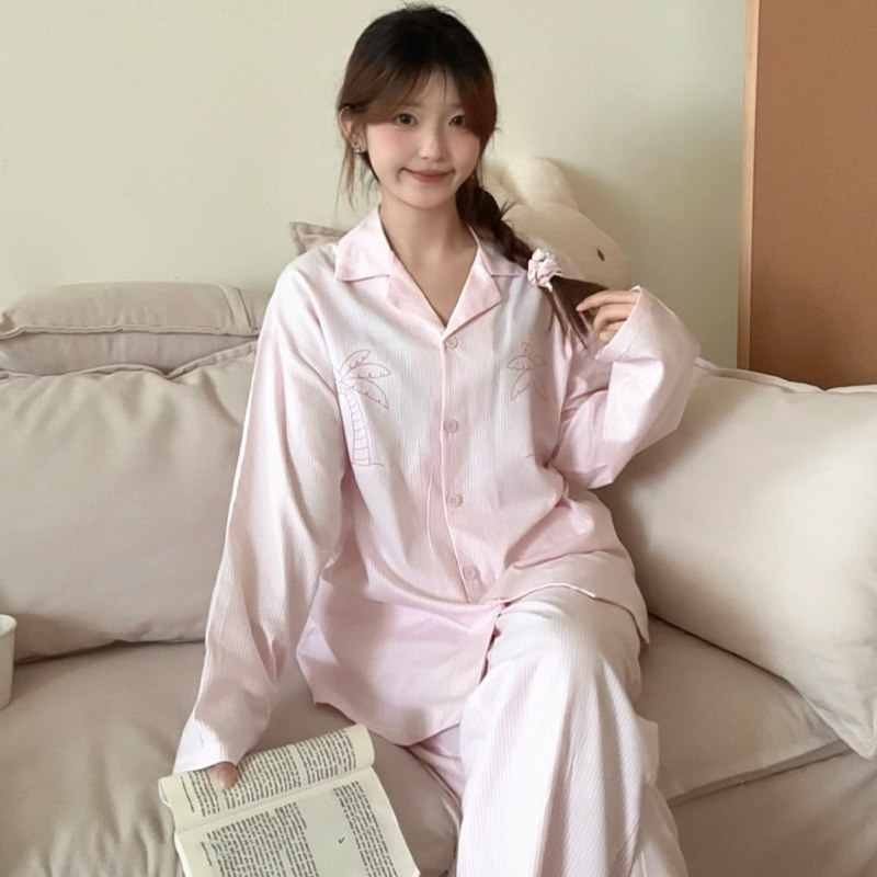 侘町粉色条纹椰子树2025春秋新款纯棉开衫家居服可外穿睡衣套装女,淘宝优惠券,粉丝福利购,淘宝优惠卷