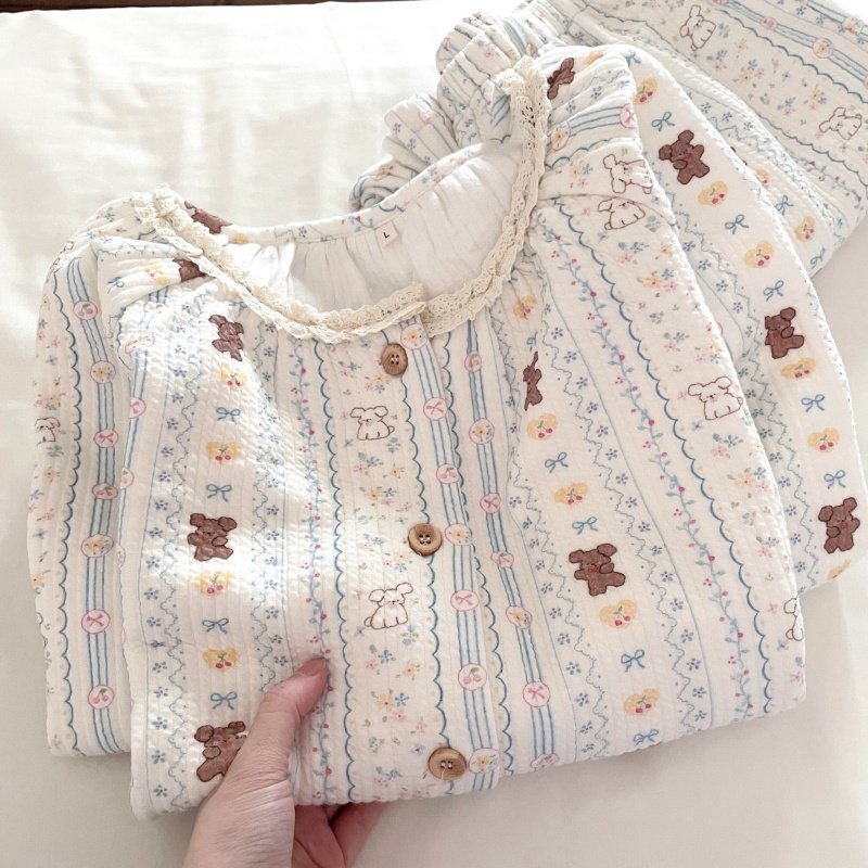 侘町秋冬2025家居服新款Q萌蝴蝶结小熊卡通睡衣女款夹棉休闲套装,淘宝优惠券,粉丝福利购,淘宝优惠卷