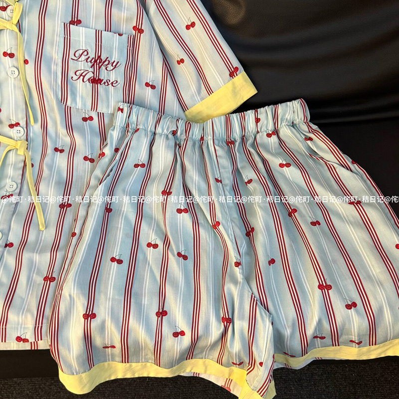 侘町2025年新款蓝黄樱桃字母短袖裤睡衣夏季卡通可外穿家居服套装 - 图1