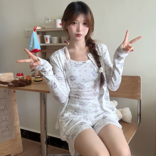 侘町2025新款气球大象三件套短裤含胸垫睡衣女夏季卡通家居服套装 - 图1