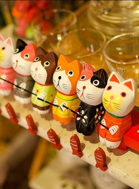 zakka杂 北欧原木 小猫六件套 动物摆件 木制摆件