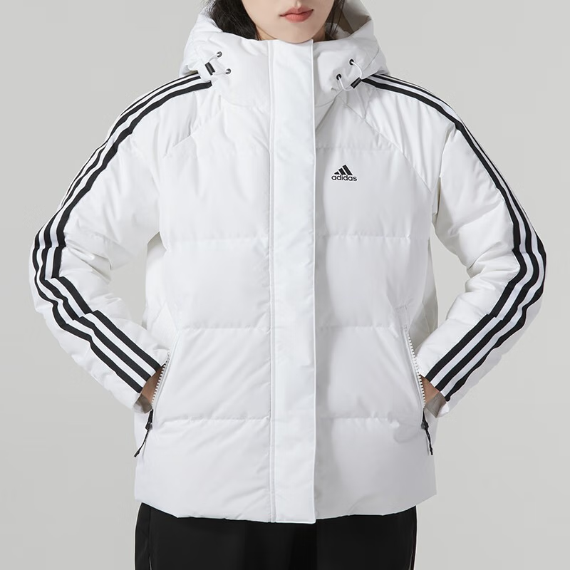 Adidas阿迪达斯羽绒服女装冬季三条纹连帽短款保暖运动外套IT8721