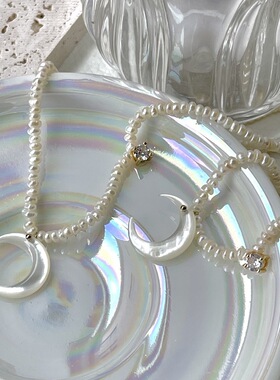 白月光蝶贝珍珠项链 手作美国14k金月亮月牙天然锁骨链女仙气贝母