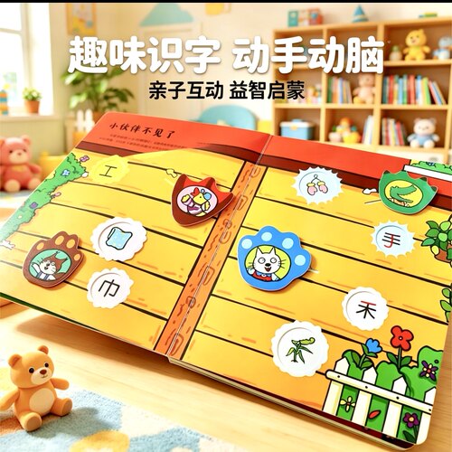 小猫汤米汉字启蒙机关书 翻翻书 识字游戏书 - 图1