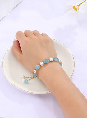 巴度天然水晶手链女淡水珍珠转运手串韩版海蓝宝珍珠滑扣手链