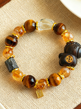 天然黄水晶手串虎眼石檀木安神黄塔晶水晶手链马年本命年新年礼物