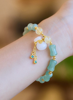 新中式天然金丝玉手链女天山翠竹节钱袋单圈手链戈壁玉石手串批发