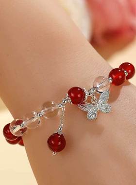 薰衣草紫水晶串珠蝴蝶手链女小众高级感猫眼石蓝玉髓手串手饰批发