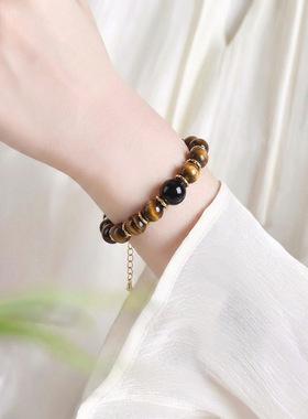 天然10MM虎眼石项链新中式黑玛瑙好运盘缠项链高级感锁骨链批发