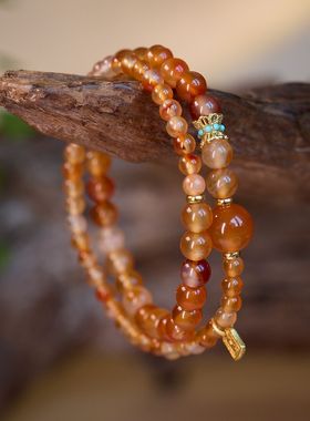 飘花玛瑙橙橘色缠丝玛瑙双圈手链女锦鲤平安好运手串手饰串珠批发