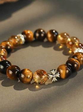 8mm黄虎眼十字架水晶手链女时尚百搭高级感黄塔水晶手串批发