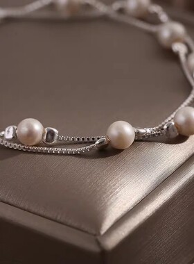 925纯银天然珍珠双层手链女韩版百搭ins高级感叠戴手串圆珠手饰品