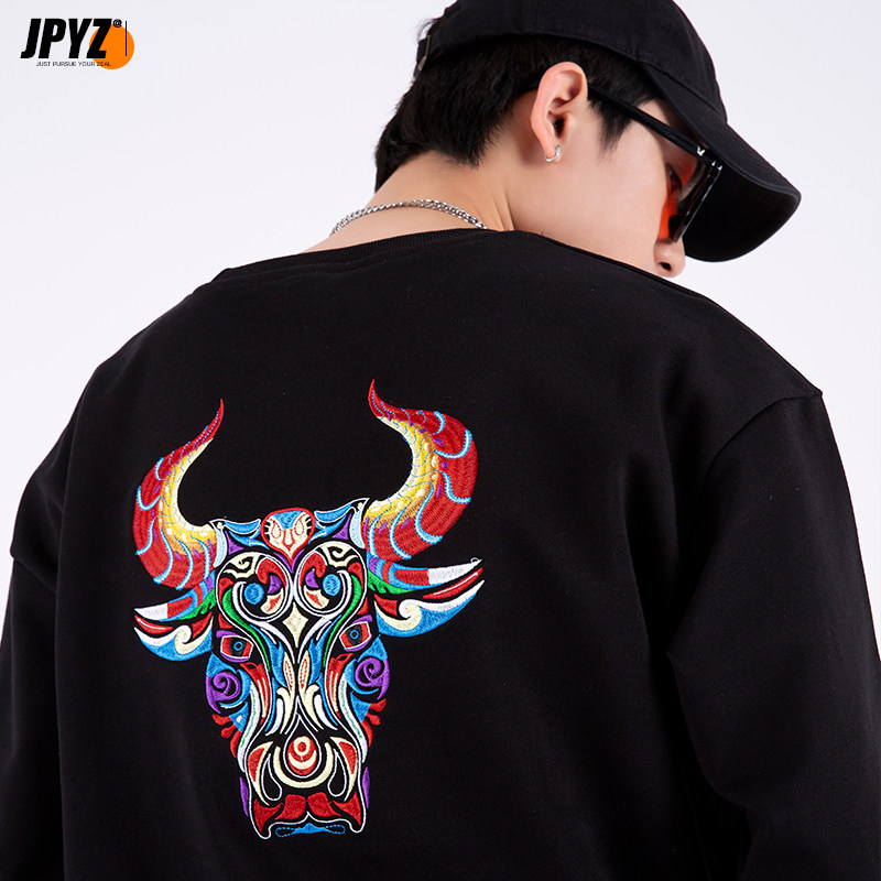 国潮牌潮流套头加绒卫衣男圆领秋冬纯棉宽松牛刺绣大码中国风外套